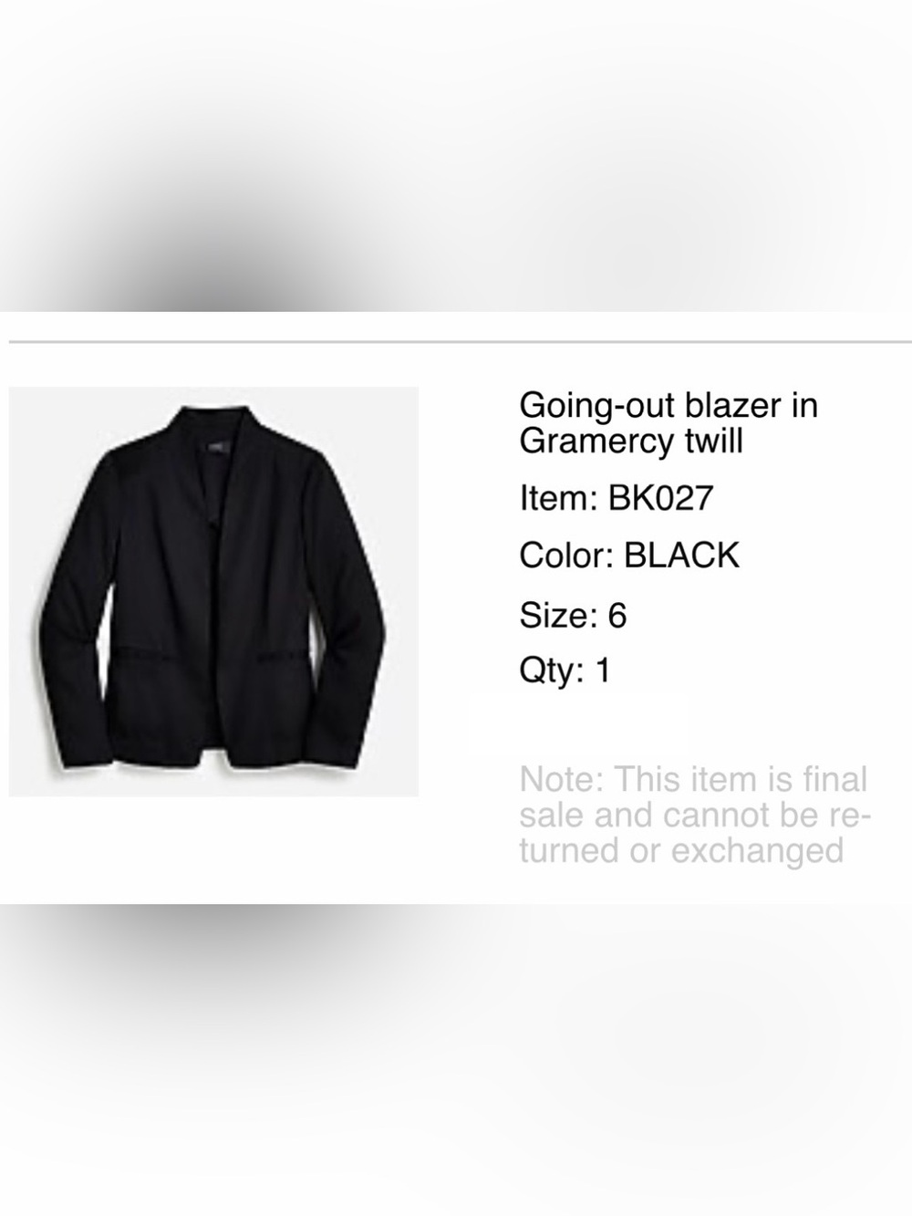 J. Crew going out blazer in Gramercy Twill Blazer Black sz 6 unlined